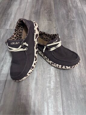 Ariat Dark Brown Canvas Slip-Ons with Leopard Accent